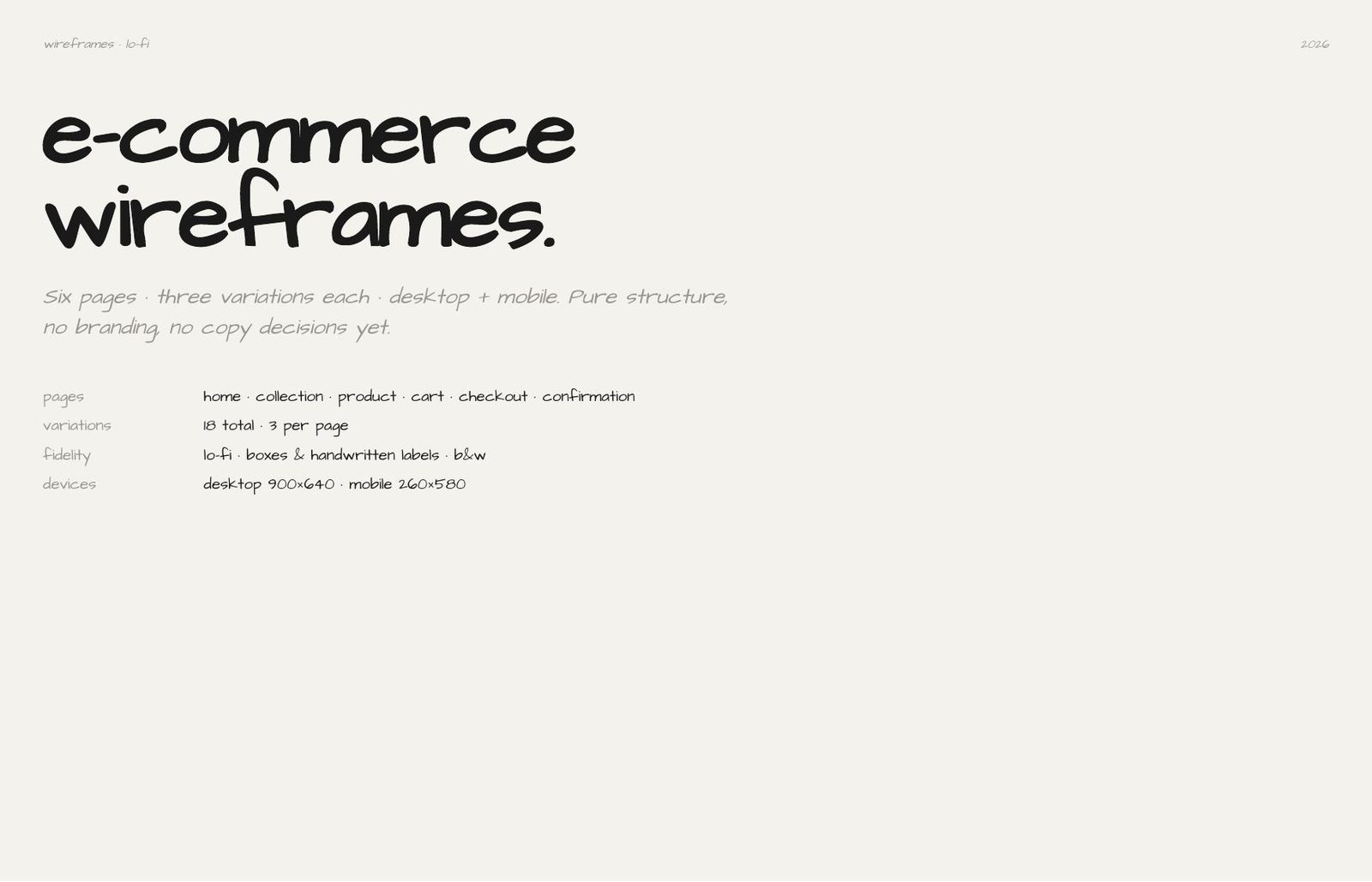 Lo-fi wireframes: six pages, three variants each